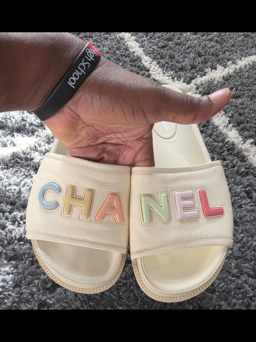 Chanel 22S Ivory Lambskin Multicolor CHANEL Letter Logo Flat Slide Sandal 40